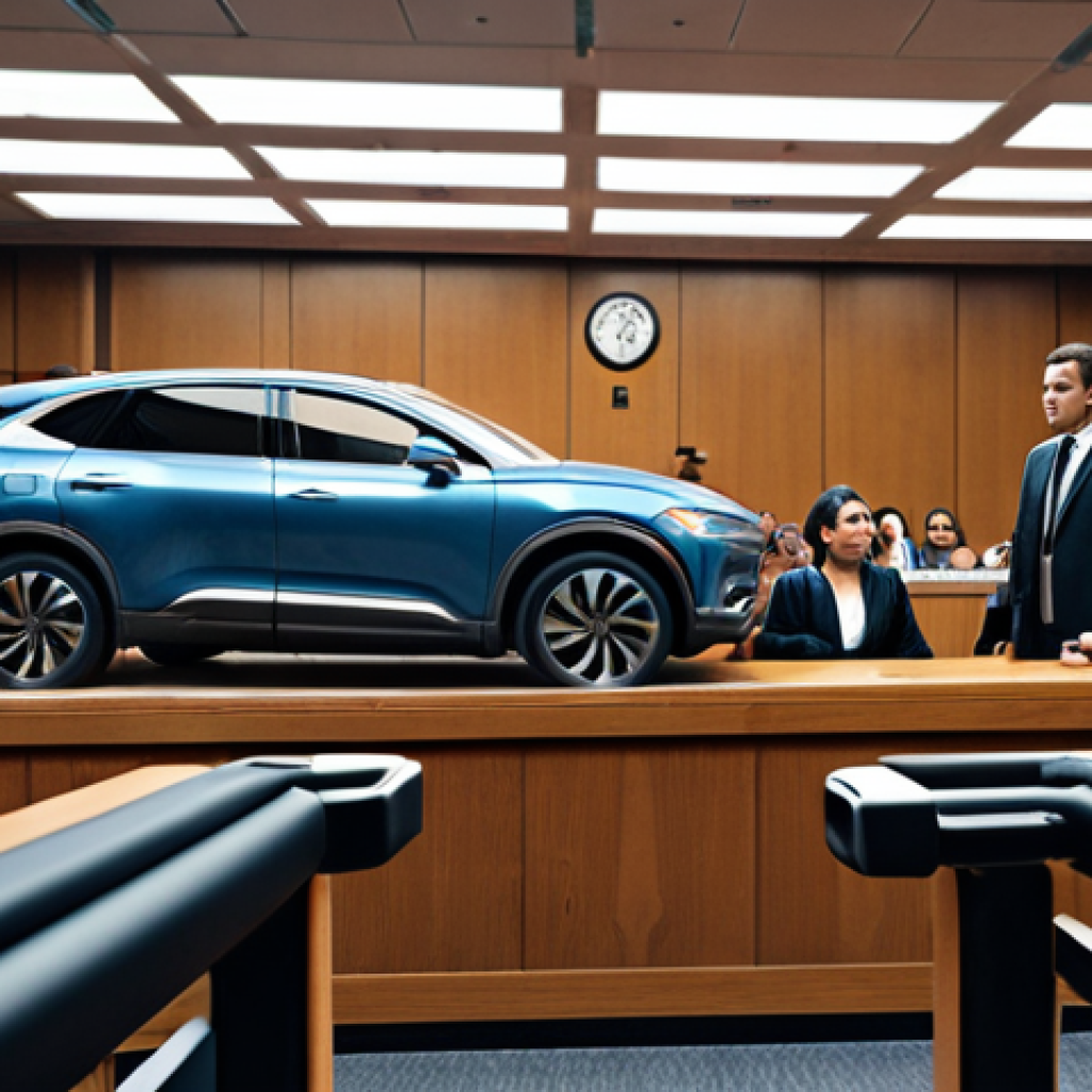 **A courtroom scene depicting a complex legal battle over a self-driving car accident. Focus on the ambiguity of responsibility between the car manufacturer, AI developer, and passenger.** *Keywords: courtroom, AI, self-driving car, accident, legal battle, ambiguity, technology, responsibility.*