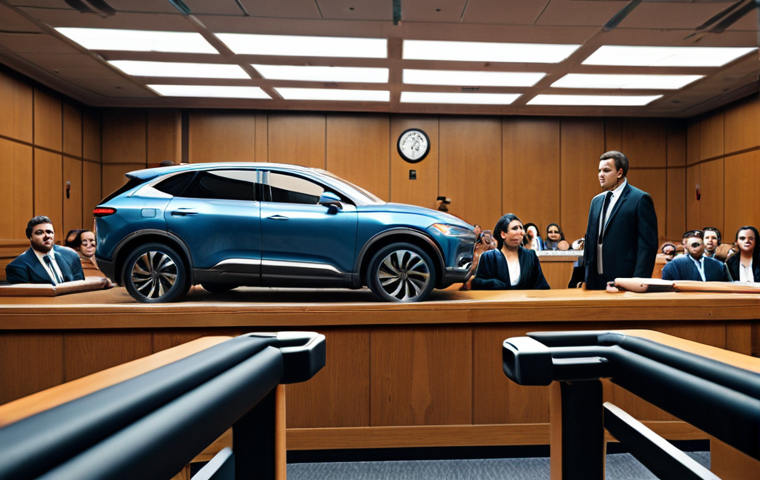 **A courtroom scene depicting a complex legal battle over a self-driving car accident. Focus on the ambiguity of responsibility between the car manufacturer, AI developer, and passenger.** *Keywords: courtroom, AI, self-driving car, accident, legal battle, ambiguity, technology, responsibility.*