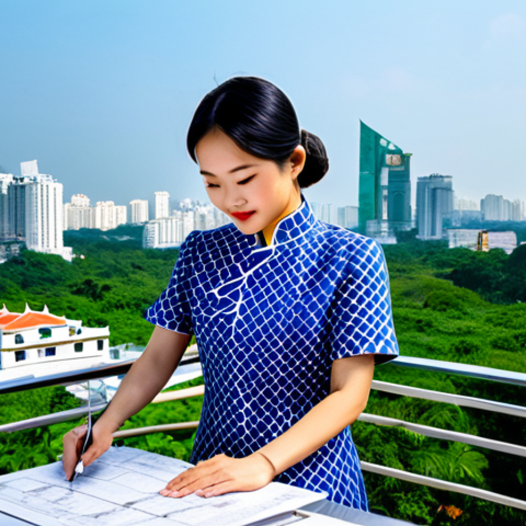 **
"A professional female architect, fully clothed in a stylish Ao Dai with modern patterns, reviewing blueprints on a sunny rooftop overlooking Ho Chi Minh City's skyline. Skyscrapers and lush greenery in the background. Perfect anatomy, well-formed hands, appropriate attire, safe for work, professional, high quality, natural pose, correct proportions, family-friendly."
**