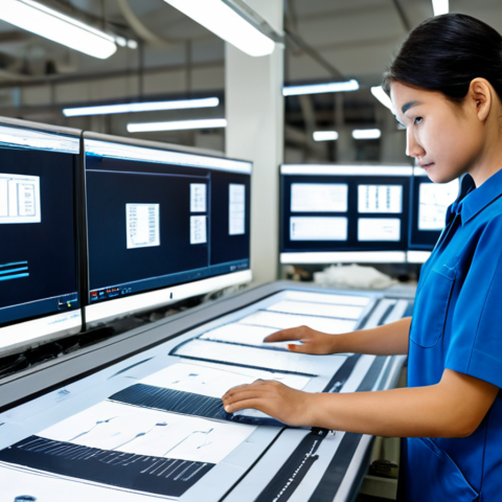 Garment Factory AI Inspection**
"A modern garment factory interior, showing a fully clothed factory worker in appropriate attire overseeing an AI system inspecting clothes for defects. The AI system displays a clear, easy-to-read analysis on a screen. Focus on the technology and efficient workflow, professional setting, safe for work, appropriate content, perfect anatomy, natural proportions, well-formed hands, proper finger count, fully clothed, family-friendly."
**
