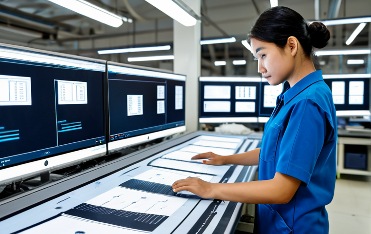 Garment Factory AI Inspection**
"A modern garment factory interior, showing a fully clothed factory worker in appropriate attire overseeing an AI system inspecting clothes for defects. The AI system displays a clear, easy-to-read analysis on a screen. Focus on the technology and efficient workflow, professional setting, safe for work, appropriate content, perfect anatomy, natural proportions, well-formed hands, proper finger count, fully clothed, family-friendly."
**
