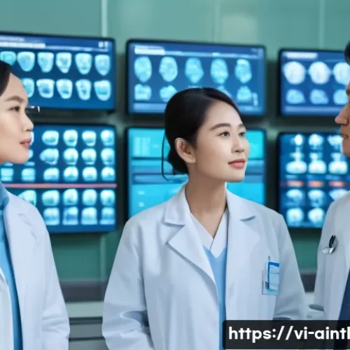 Home 29 AI 진단 시스템의 환자 데이터 활용 방안 - A modern Vietnamese hospital AI diagnostic center scene showing diverse healthcare professionals ana...