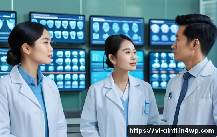 AI 진단 시스템의 환자 데이터 활용 방안 - A modern Vietnamese hospital AI diagnostic center scene showing diverse healthcare professionals ana...