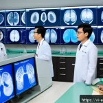Home 16 AI 진단 시스템의 기계 학습 알고리즘 - A modern Vietnamese hospital AI diagnostic center, featuring a diverse team of Vietnamese doctors an...