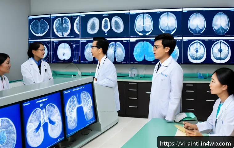 AI 진단 시스템의 기계 학습 알고리즘 - A modern Vietnamese hospital AI diagnostic center, featuring a diverse team of Vietnamese doctors an...