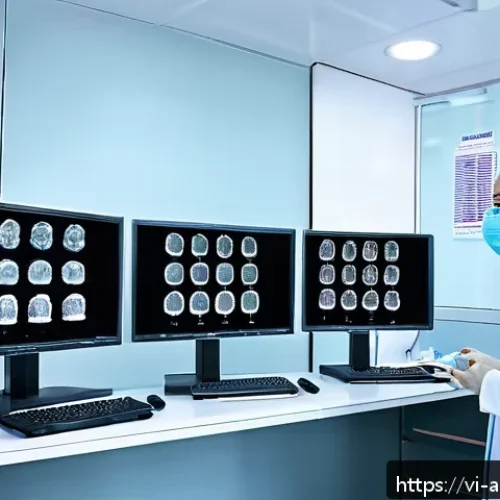 Home 15 AI 진단 시스템의 변화를 주도하는 스타트업 - A modern Vietnamese hospital radiology room featuring a high-tech AI-powered diagnostic system analy...