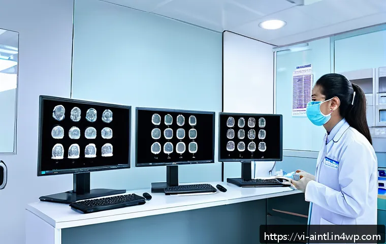 AI 진단 시스템의 변화를 주도하는 스타트업 - A modern Vietnamese hospital radiology room featuring a high-tech AI-powered diagnostic system analy...